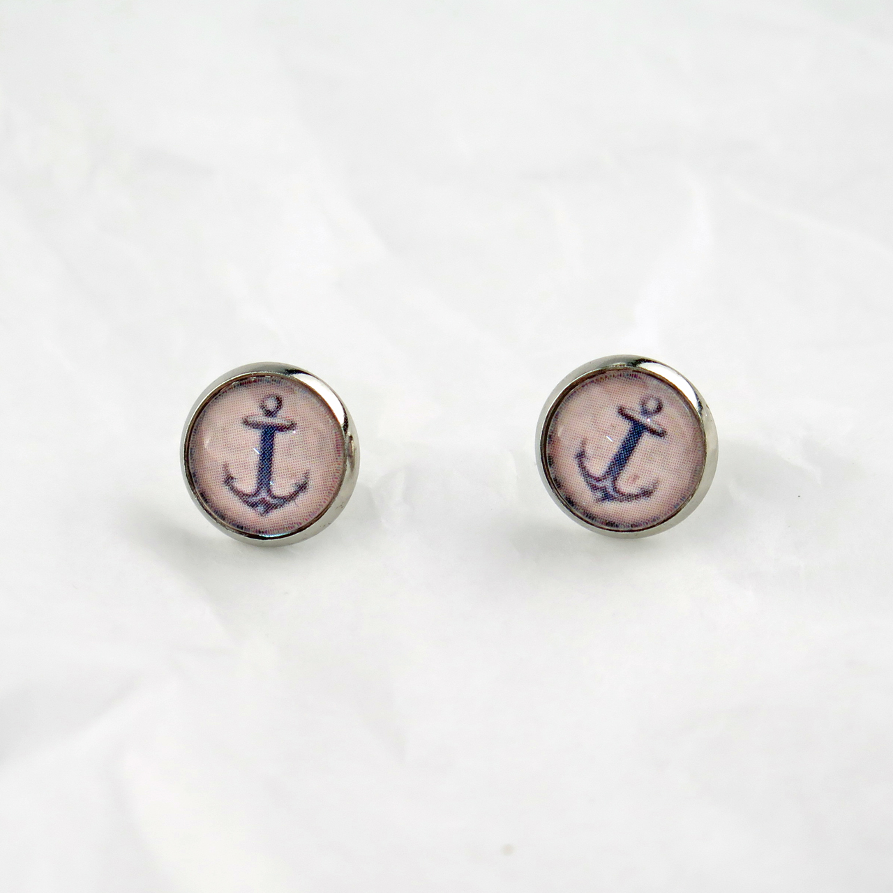 Ohrstecker Cabochon blauer Anker / beige