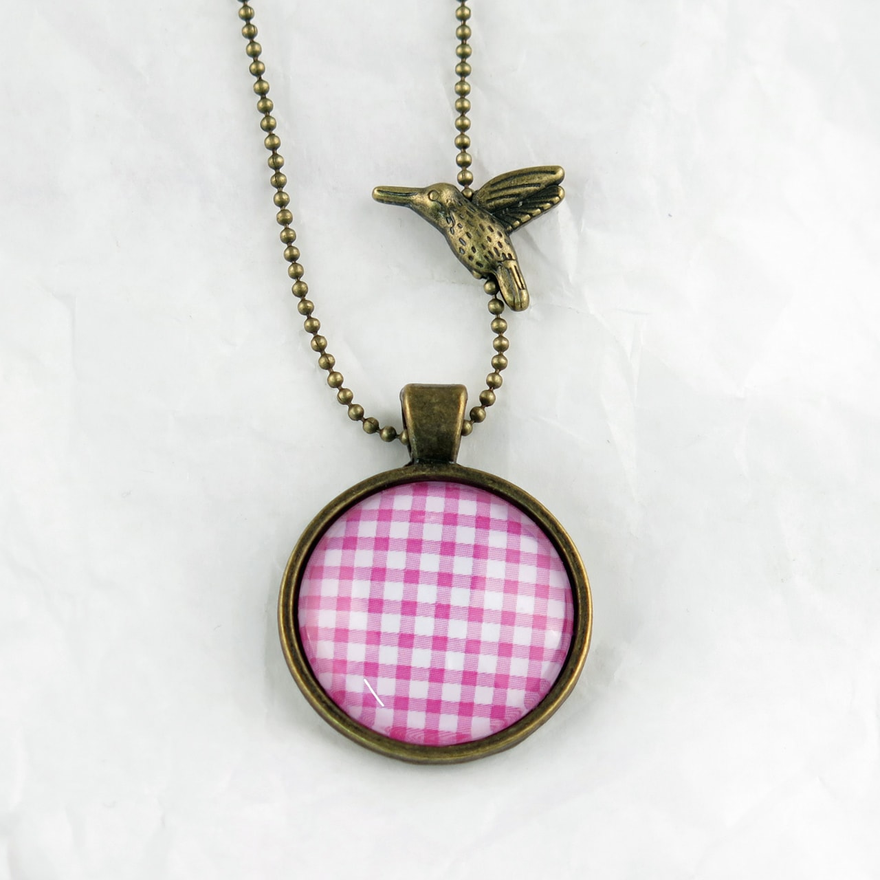 Medaillon-Halskette Karo pink-weiss