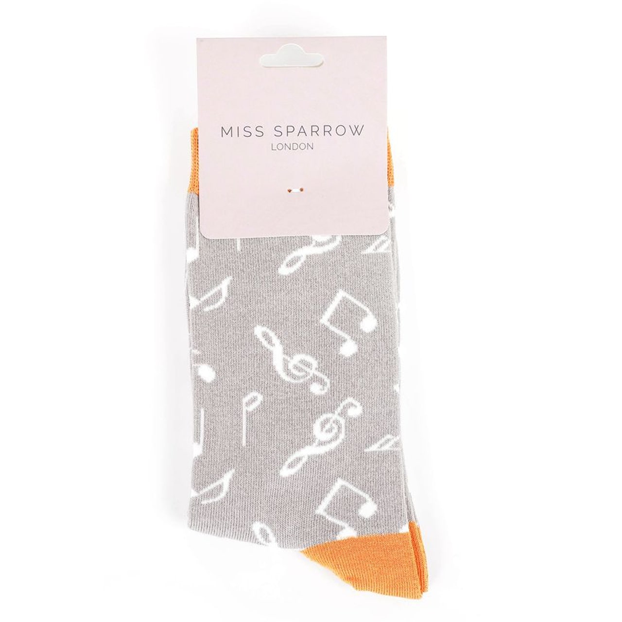 Miss Sparrow Socken Musiknoten grau Label