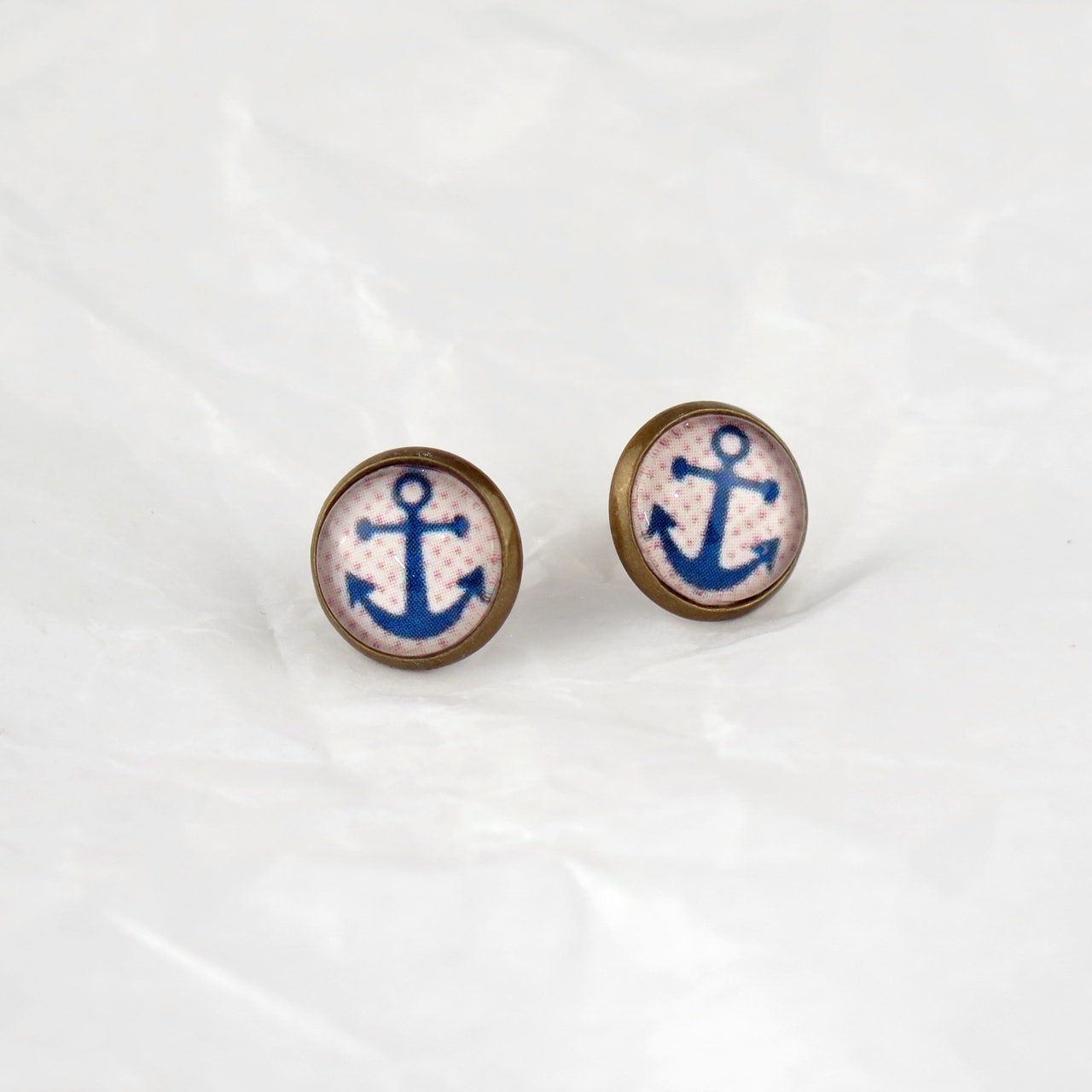 Ohrstecker Cabochon Anker blau / Punkte