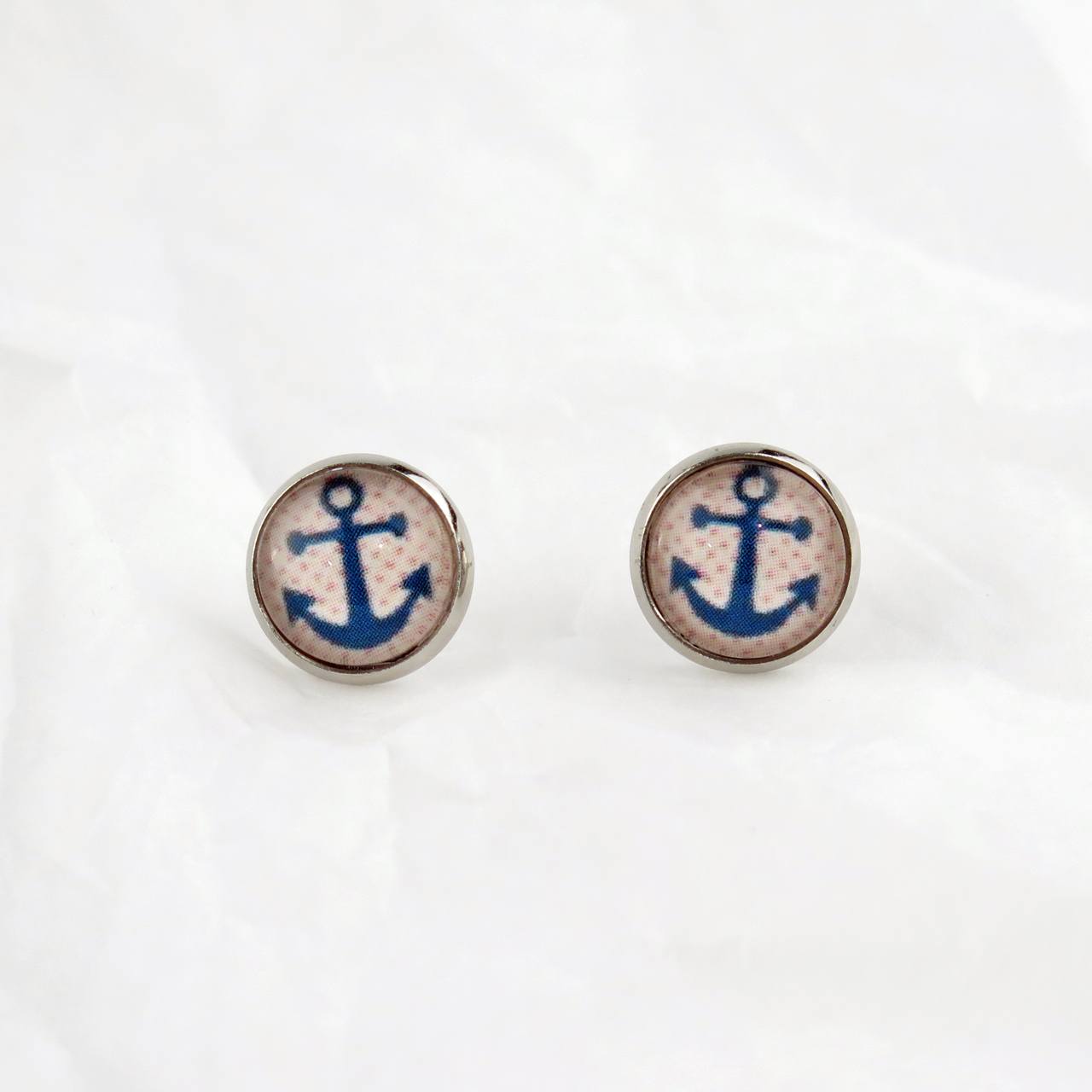 Ohrstecker Cabochon blauer Anker / rote Pünktchen